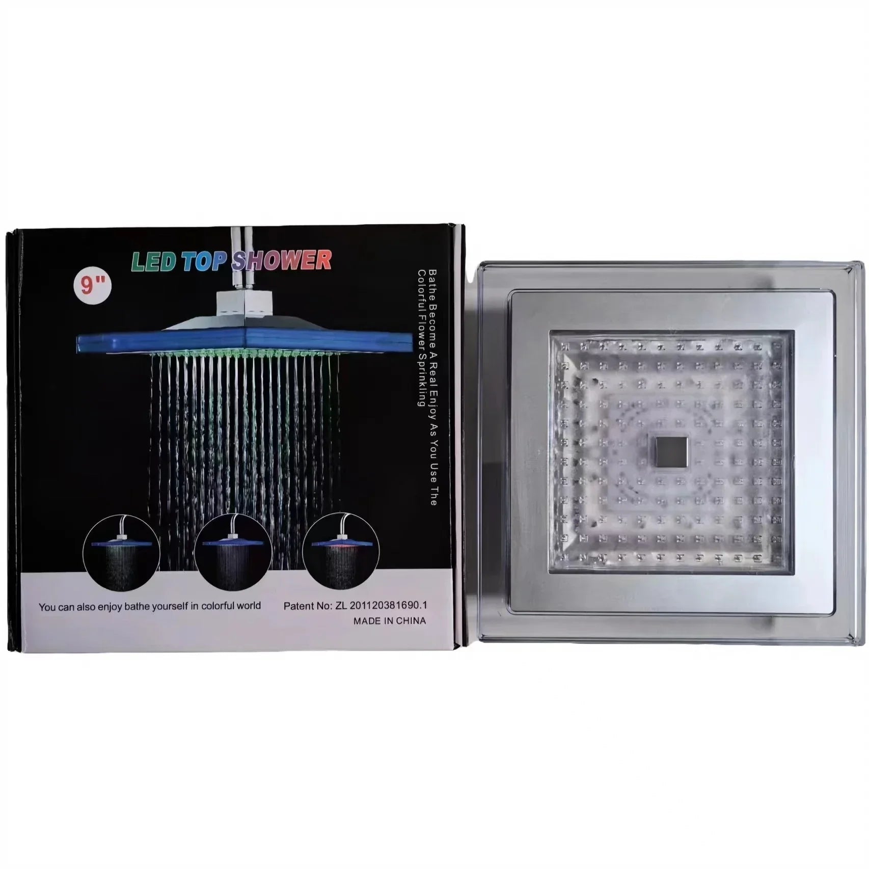 Square LED Rainfall Shower Head with Color-Changing Lights - product view 2 - Shoplex