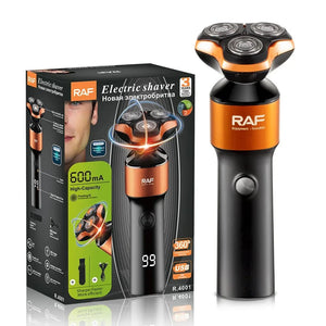 RAF electric shaver with digital display, USB charging, and black-orange design in retail box