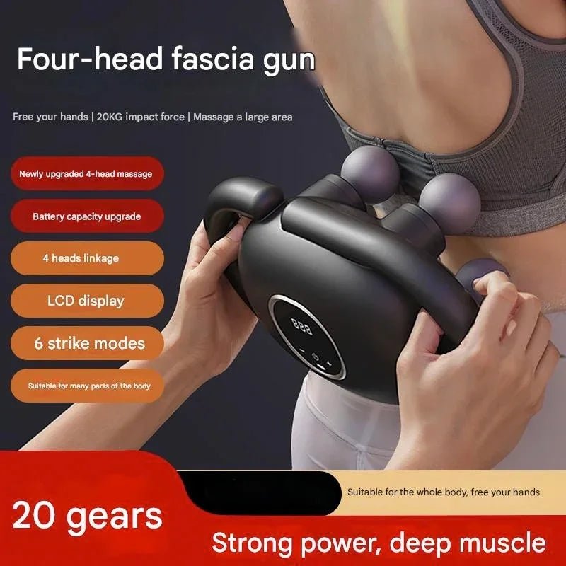 Four-head fascia massage gun with LCD display used on a woman's back, highlighting deep muscle massage and strong power.