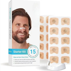 Premier Nasal Dilator Starter Kit box with smiling man wearing nasal dilator strips