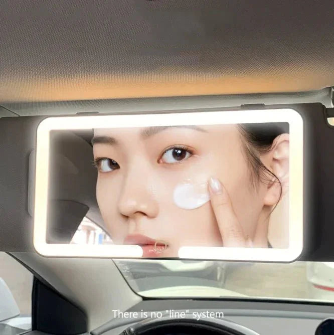Woman applying cream in car visor mirror with LED light, close-up skincare scene