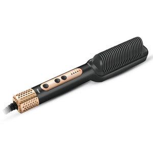 Black and gold electric hair straightening brush with control buttons