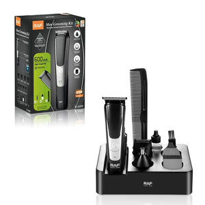 RAF men's grooming kit with trimmer, comb, charger base, and accessories, product box shown