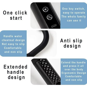Black handheld device with one-click start, anti-slip, and extended ergonomic handle design.