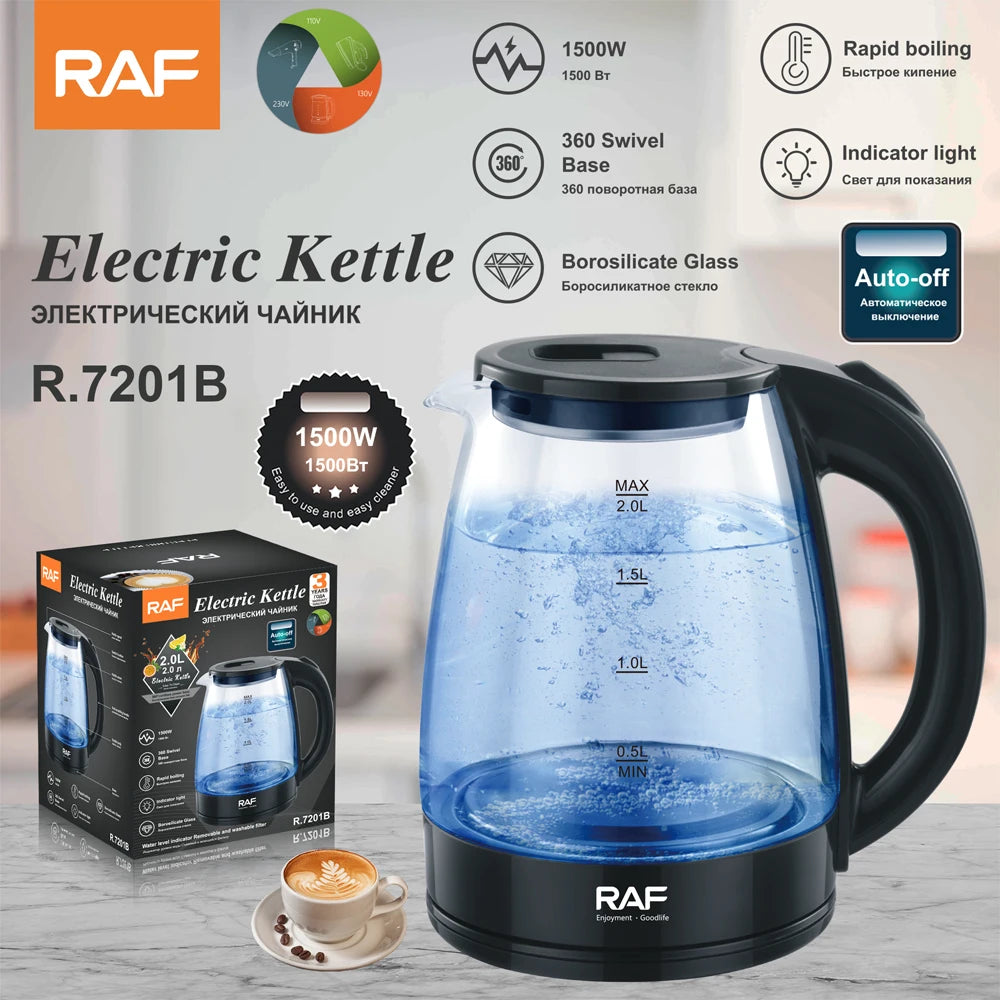 RAF 2L Stainless Steel Glass Electric Kettle with Auto Shut-Off
