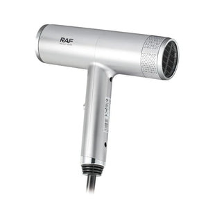 Silver RAF professional hair dryer with sleek design and ergonomic handle on white background