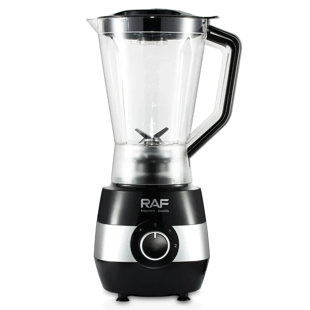 RAF electric blender with a clear plastic jar and black base, kitchen appliance