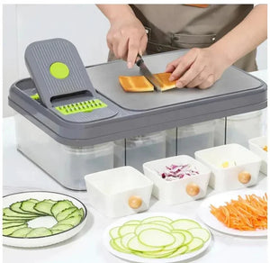 Multi-function kitchen vegetable slicer with storage, person cutting bread, sliced vegetables nearby
