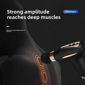 Massage gun targeting deep shoulder muscles with strong amplitude, fascia gun for pain relief