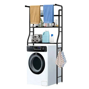 Laundry room storage rack over washing machine with shelves, towels, detergent and supplies.