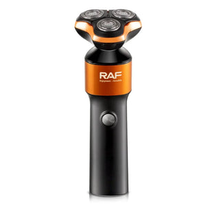 RAF electric rotary shaver with orange and black handle and triple shaving heads