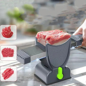 Manual meat slicer machine cutting raw meat on kitchen counter, with sliced meat examples shown.