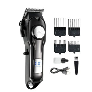 Electric hair clipper set with digital display, four clipper guards, oil, brush, and USB cable