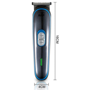 RAF electric hair trimmer with blue trim, 16cm by 4cm, front view on white background.