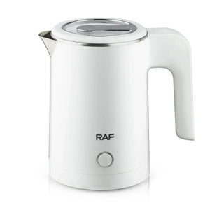 White RAF electric kettle with handle and stainless steel lid on plain background