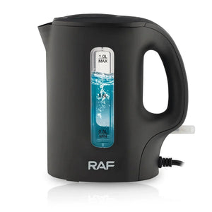 Black RAF electric kettle with water level indicator and handle, isolated on white background