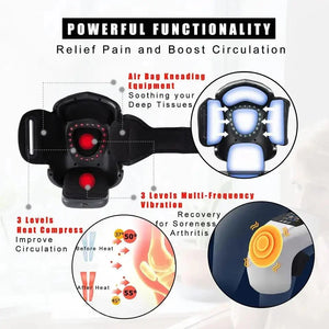 Electric knee massager with heat compress, air bag kneading, vibration, and pain relief features.