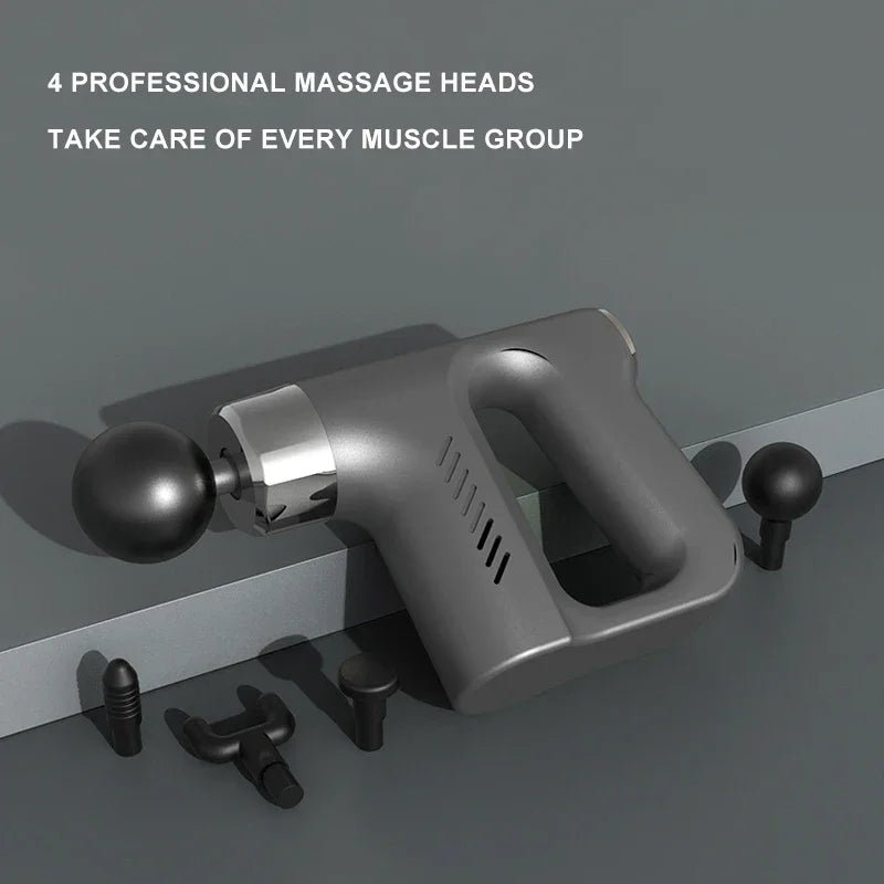 Massage gun with 4 professional heads for muscle relief on gray background