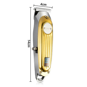 Gold and silver electric hair trimmer with digital display, 14cm by 4cm dimensions shown