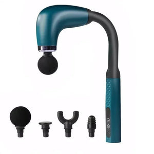 Electric handheld massage gun with four interchangeable massage heads on white background