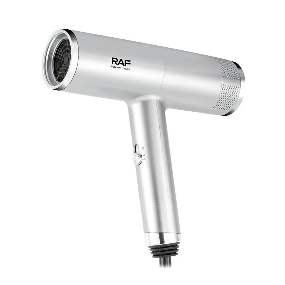 Silver RAF hair dryer with sleek design on white background