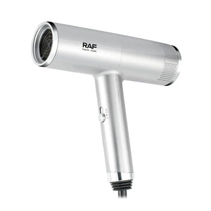 Silver RAF hair dryer with sleek design on white background