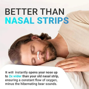 Man sleeping with nasal insert for snoring relief, text promotes better alternative to nasal strips