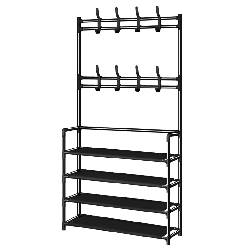 Black metal shoe rack with four shelves and ten coat hooks, freestanding entryway organizer