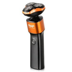 RAF electric rotary shaver with orange and black body, three shaving heads