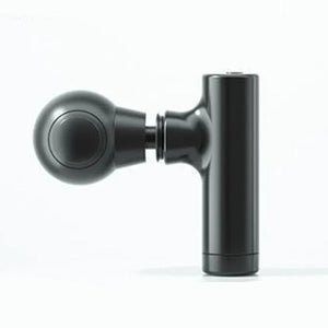 Black handheld massage gun with round attachment on white background