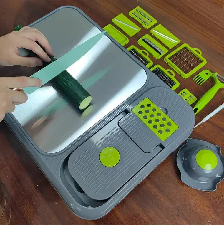 Multi-purpose vegetable slicer and grater set with cucumber being sliced on cutting board