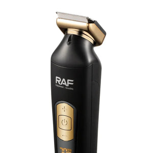 RAF electric hair trimmer in black and gold with textured blade and control buttons