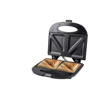 Electric sandwich maker with two toasted sandwiches on a white background