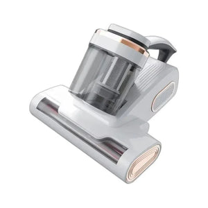 Modern handheld vacuum cleaner with transparent dustbin and sleek white design
