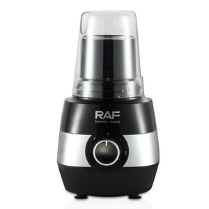 RAF electric grinder blender with black and silver body on white background