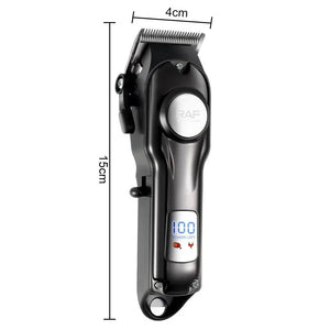 RAF cordless hair clipper with LED display, 15cm length, black, measurements shown