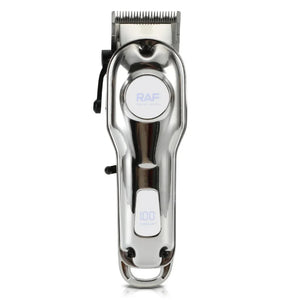 Silver RAF professional cordless hair clipper with power display on white background