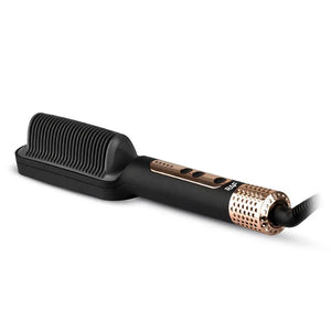 Black and gold electric hair straightening brush with control buttons on white background