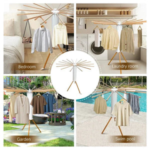 Wooden clothes drying rack shown in bedroom, laundry room, garden, and by pool for versatile use.