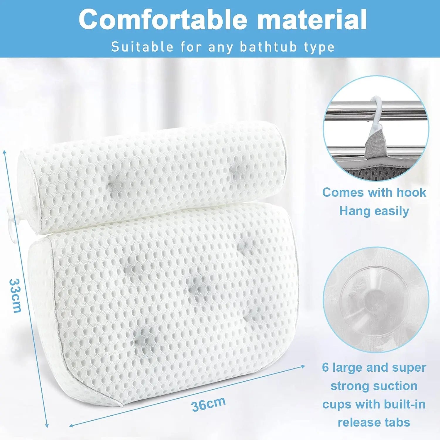 4D Mesh Bathtub Spa Pillow with 6 Strong Suction Cups
