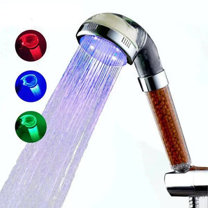 LED color-changing shower head with mineral filter and three light modes, white background