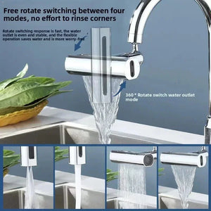 Chrome kitchen faucet with 360-degree rotatable water outlet, demonstrating four spray modes