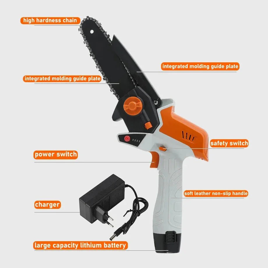 Cordless mini chainsaw with labeled features, lithium battery, and charger on white background