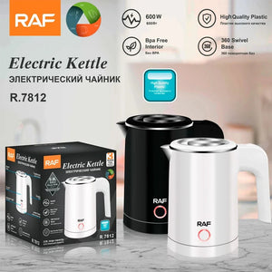 RAF electric kettle R.7812 black and white models on counter, product box, features listed