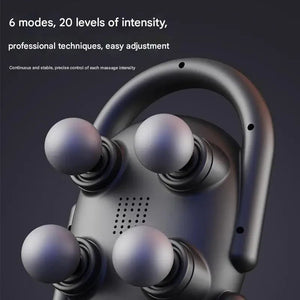 Electric handheld massager with four round massage heads, ergonomic handle, dark background