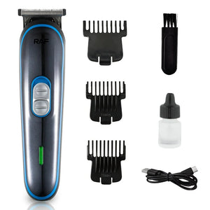 Electric hair clipper set with attachments, cleaning brush, oil bottle, and USB cable