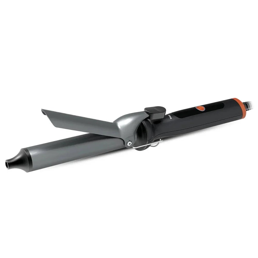 Black and silver ceramic hair curling iron with clamp and orange accent