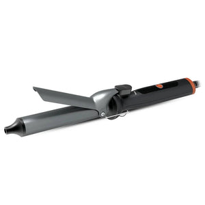Black and silver ceramic hair curling iron with clamp and orange accent