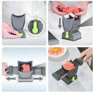 Multi-blade slicer for salmon shown in use on a kitchen counter