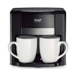 RAF coffee maker with two white ceramic mugs, modern black and silver design